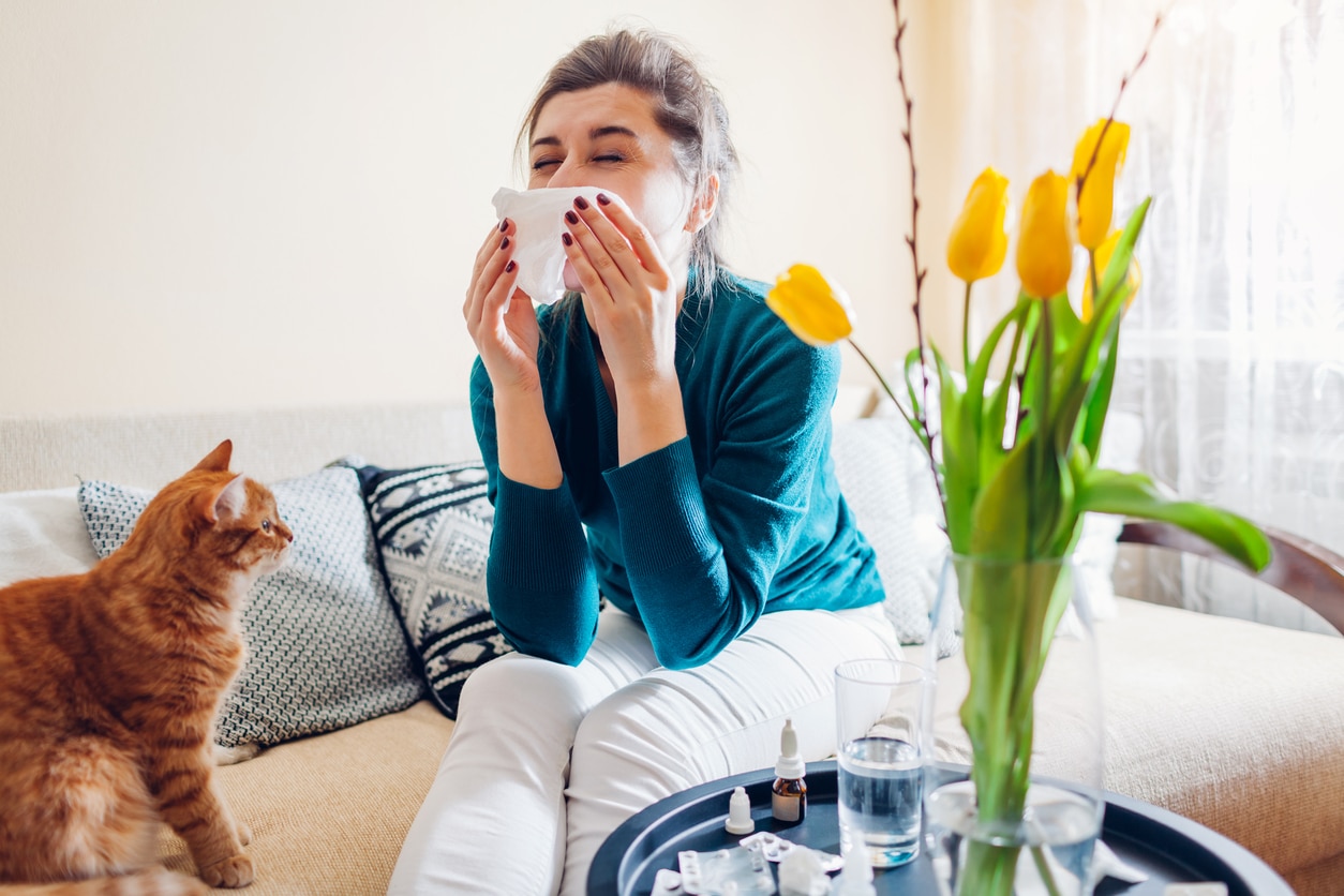 Woman sitting next to her cat, sneezing into a tissue